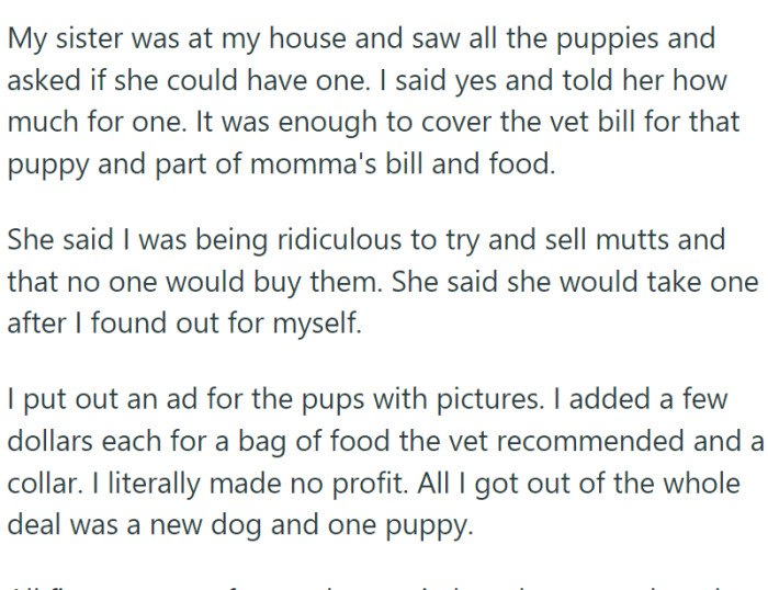 She wanted to cut her losses and sell the puppies