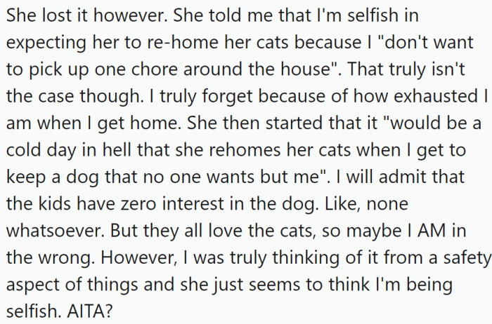 He suggested rehoming the cats temporarily until his wife gave birth, but his wife became angry and accused him of being selfish and not wanting to pick up a chore around the house.