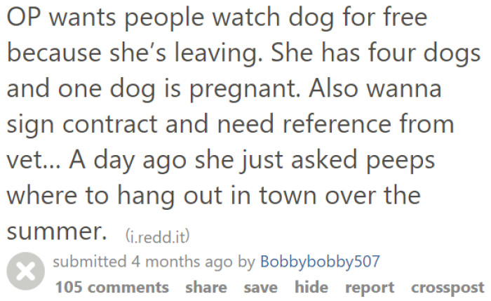The original poster (OP) decided to share a dog's owner's unreasonable demands on r/ChoosingBeggars.