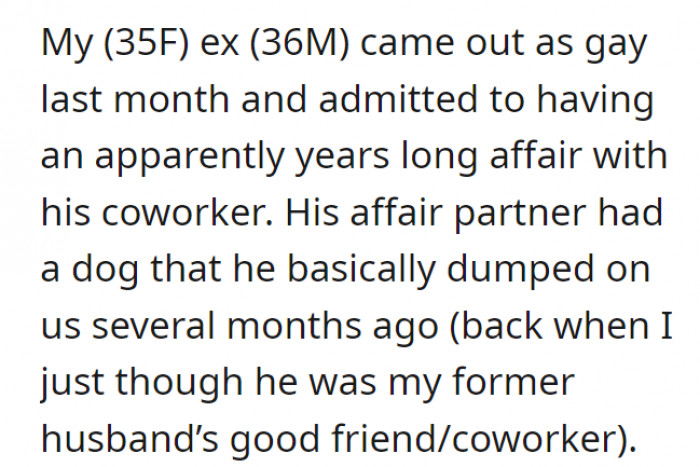 Her husband himself admitted that he was gay and had already been having an affair with his coworker for years. Enter the dog, who was 