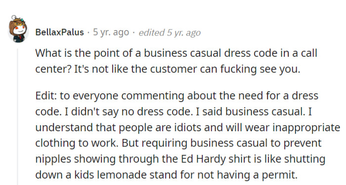 The puzzle of business casual in call centers: where dress codes meet invisible callers, and Ed Hardy shirts are scrutinized like permit-less lemonade stands.