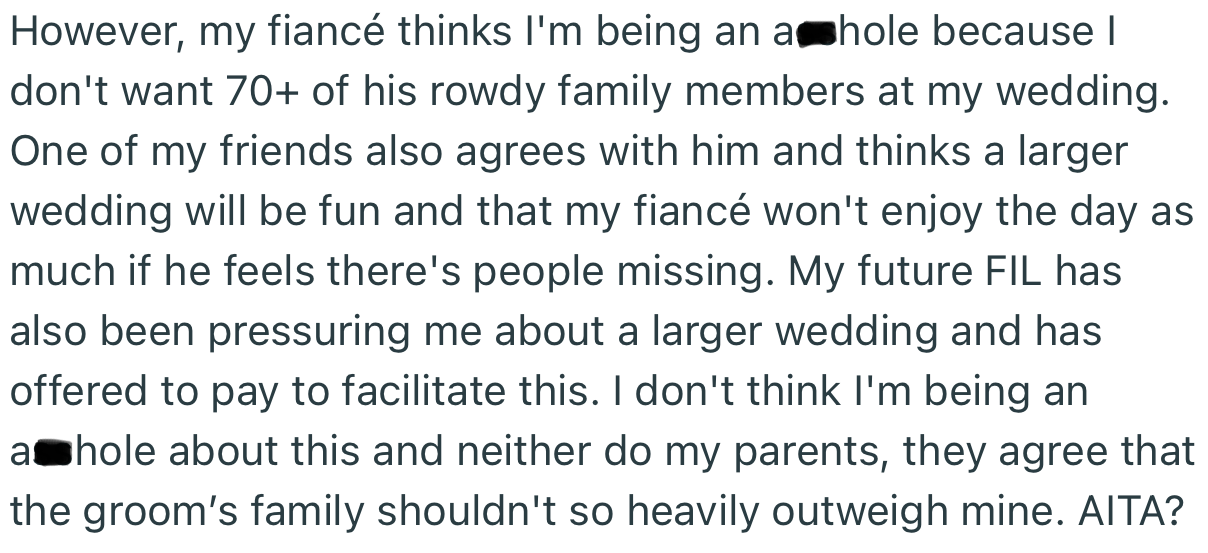 Despite OP’s suggestions, her fiancé is adamant that a large wedding with his 70+ family members will be ideal