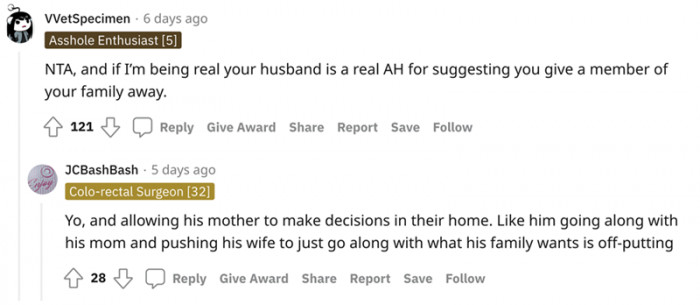 Allowing his mother to make decisions in their home