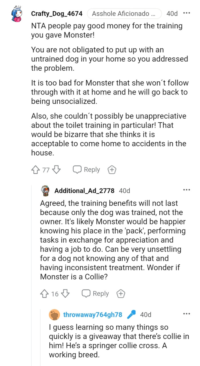 The OP is not obligated to put up with an untrained dog in her home.