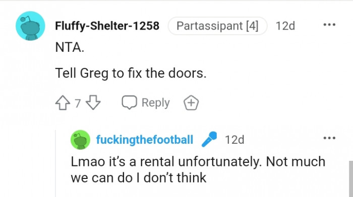 This redditor is advicing the OP to tell Greg to fix the doors