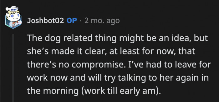 OP replied that he would try to find a compromise again, but as of that moment, his girlfriend was set on not spending Christmas with him.