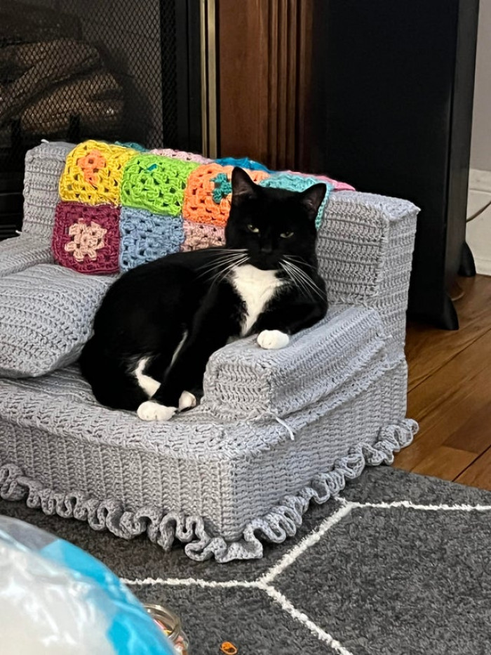 8. Crocheted a kitty couch for my kitties. Salem loves it