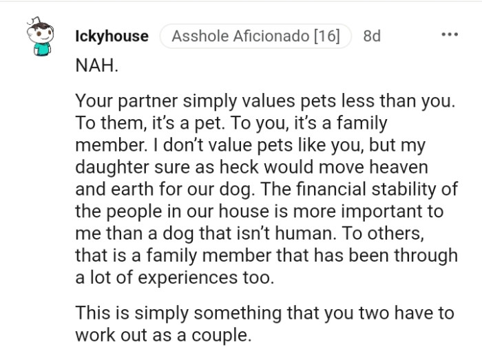 This Redditor does not value pets like the OP does