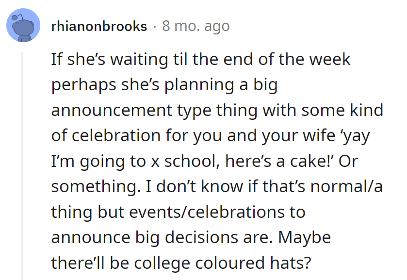 Is she saving the big reveal for a college-themed party with hats and confetti?