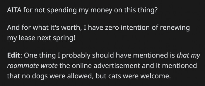 It Doesn't Look Like This Living Situation Will Last, but OP Is Still Wondering If She's an A**hole for Not Relenting to Her Roommate's Demands.