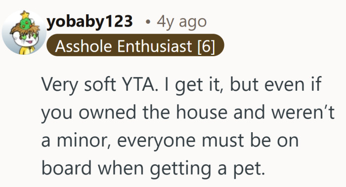 A gentler no, but still a firm reminder that pets are a group decision, not a solo one.