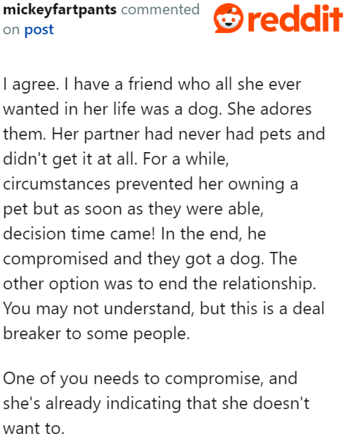 If they want this relationship to work, either of them needs to compromise.