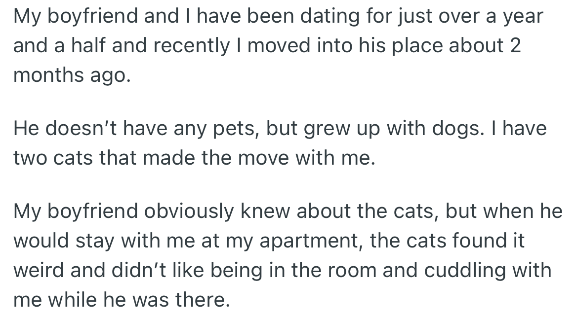OP has two cats while her boyfriend has no pets. Upon moving in with him, OP brought her cats.