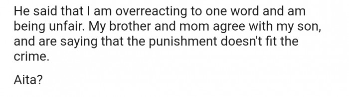 However, OP's mom and brother feel that he's overreacting and that the punishment doesn't fit the crime
