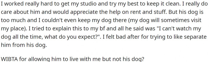 OP does not want her in her studio, as she will shed and chew up things