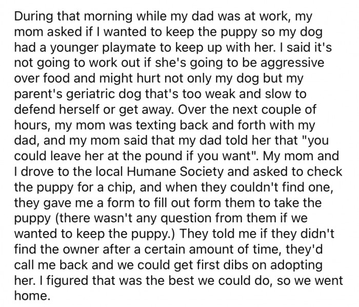 OP and her mother took the little pup to the local Humane Society, where she was checked for a microchip.