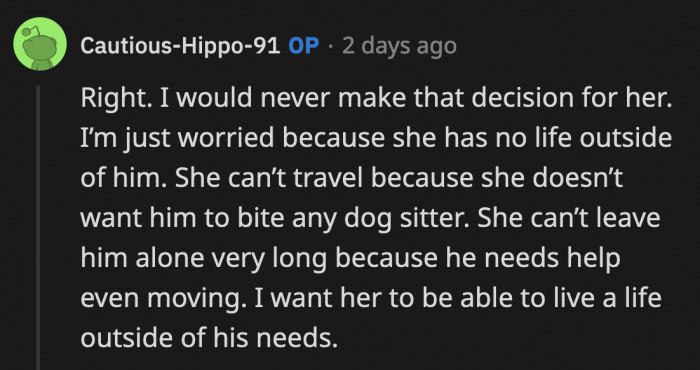 OP said she will never make that decision for her sister; she is simply worried about how her grief will potentially stop her from living her life.