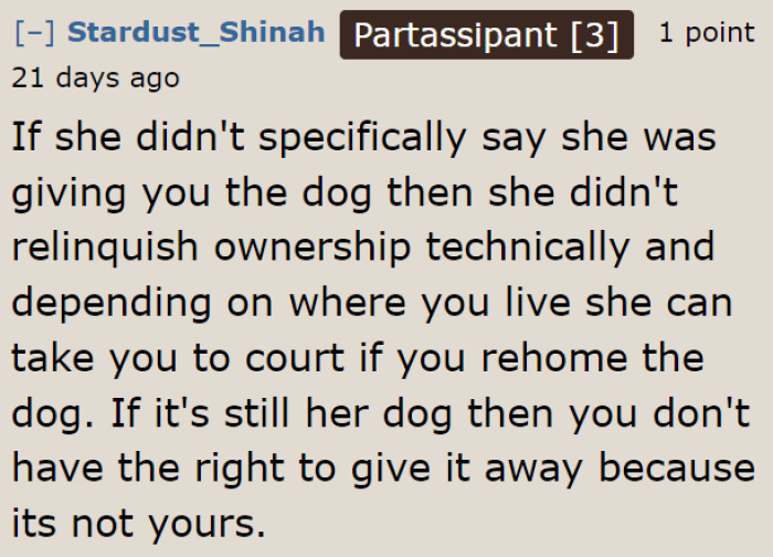 The OP can check dog ownership laws in her area.