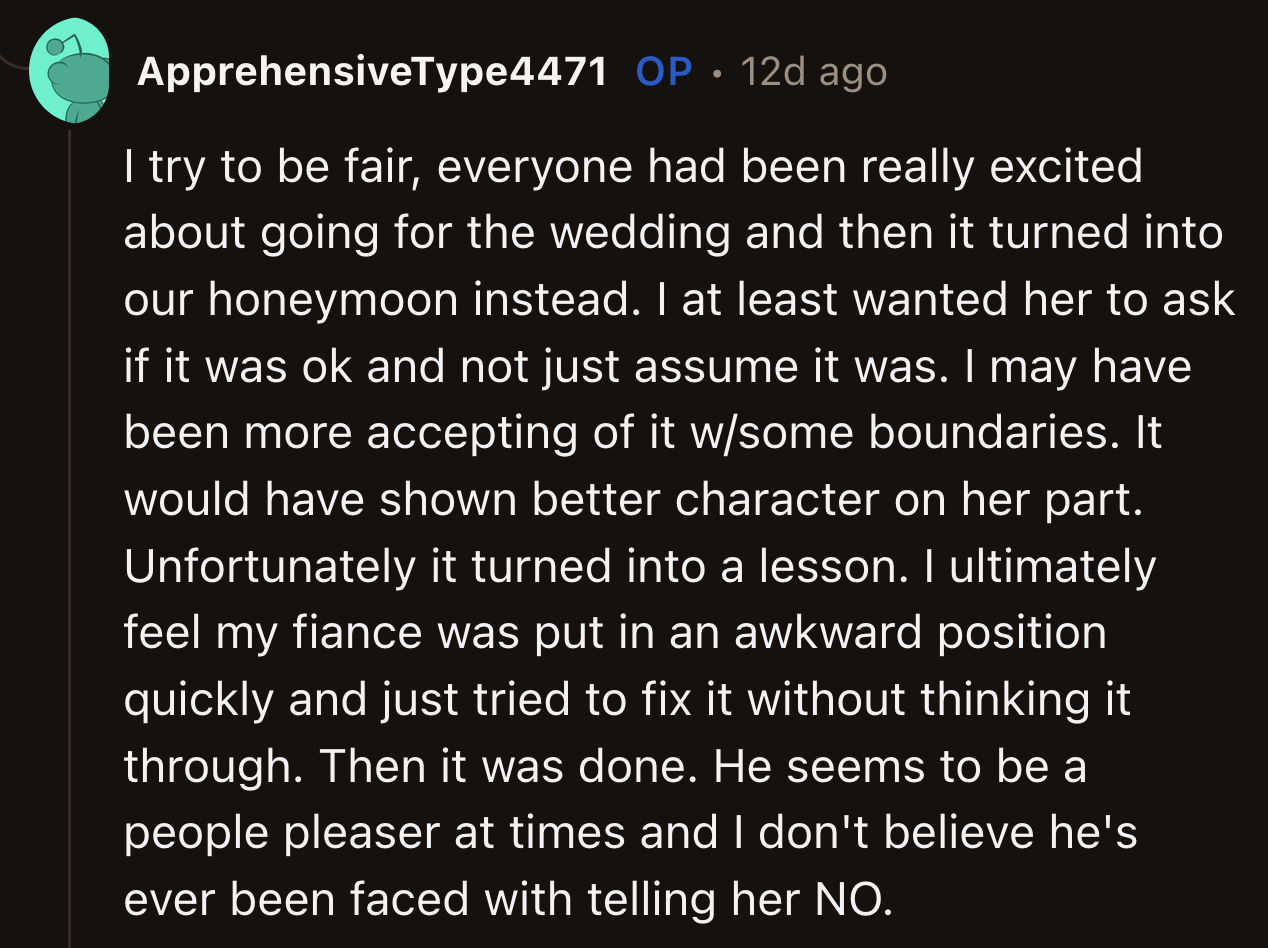 OP defended her husband and said he was put in an awkward position. He reached for the easiest solution without thinking about it.