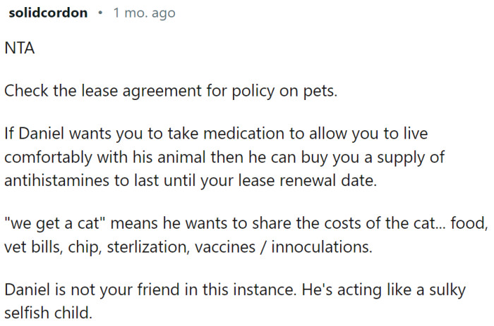 The Writer should check the lease agreement for policies on pets.