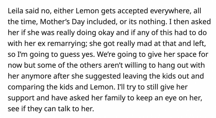 Leila still refused because she wants Lemon to be accepted at all the places and celebrations they do all the time, or they shouldn't celebrate at all.