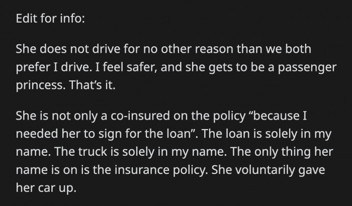 OP added that he didn't force her to give up her car after people assumed that he was controlling her