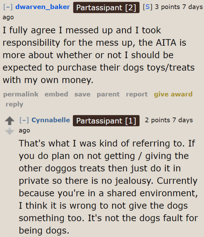 If the treats are only for his dog, he should give them without the presence of other dogs.