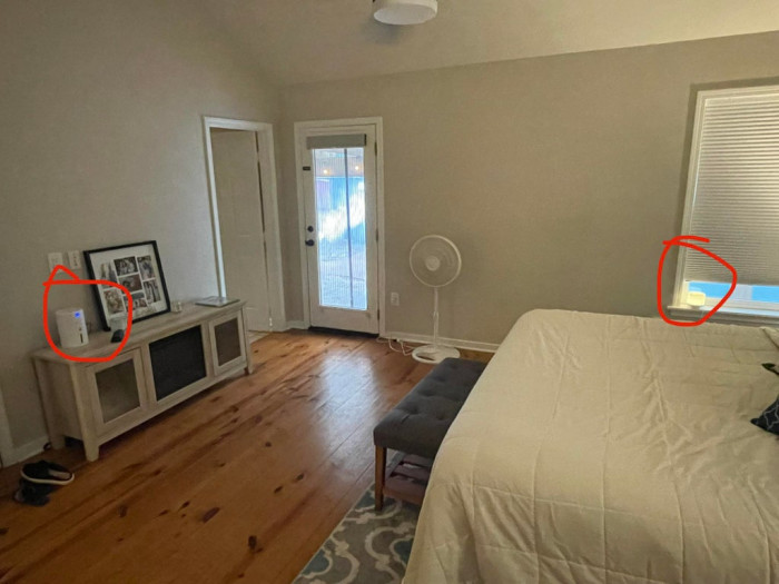 40. Came home from work. Wife said bedroom was humid so she turned on the dehumidifier. Look over in the window and notice she has a humidifier running