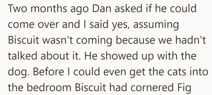 What was not discussed became the problem the moment he walked in with the dog.