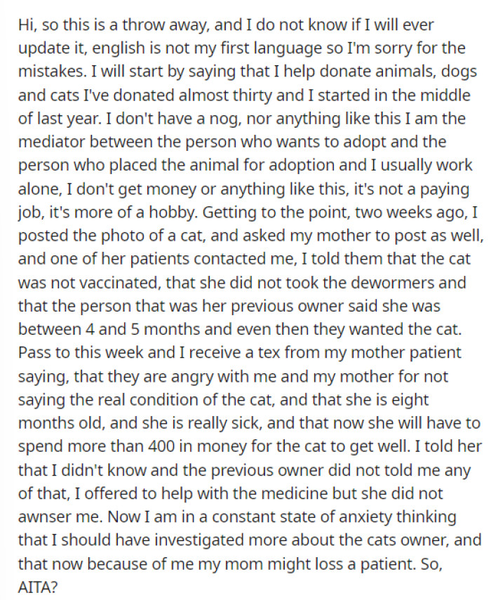 OP's post is short and to the point. They explain everything from beginning to end and ask if they are wrong for the information being wrong.