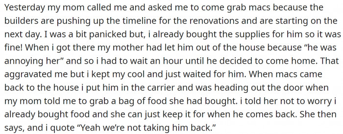 OP agreed, but was surprised to find out that her parents didn't want the cat back.