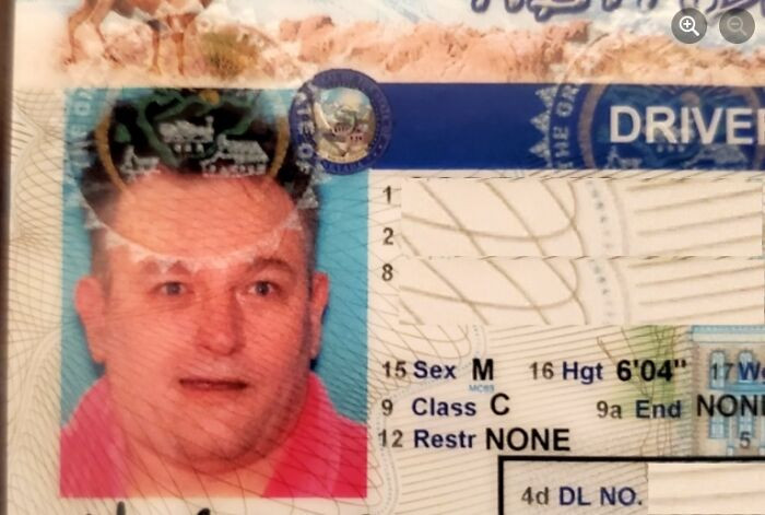 3. “I have a long-standing battle with my buddy for the most ridiculous photo id. My wife suggested I wear my mother’s hot pink bathrobe and “Gary Busey” my hair for my new driver’s license photo, so I did.”