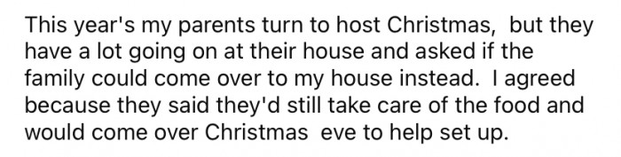 It was OP's parents' turn to host Christmas, and they had asked the Redditor if they would mind having the dinner at their house instead.