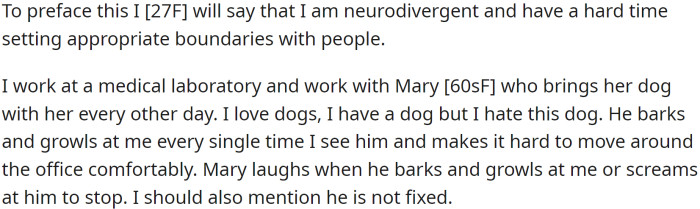 OP works at a medical laboratory with Mary, a woman in her 60s who brings her dog with her every other day.