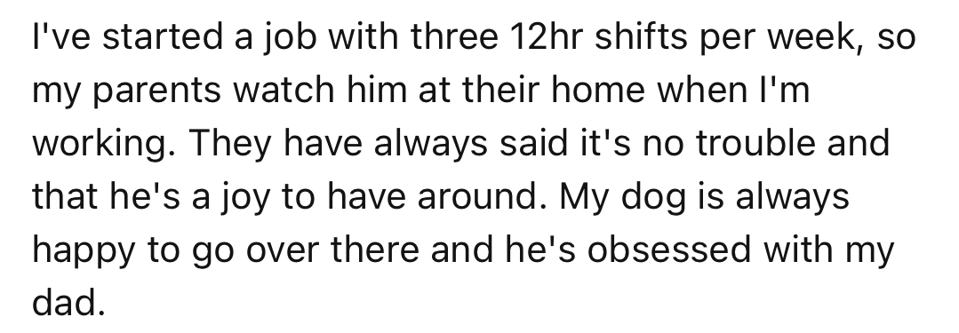 Due to OP’s tight work schedule, her parents help take care of the dog.