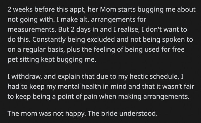 OP said yes because she did promise to continue helping despite not being a part of the bridal party