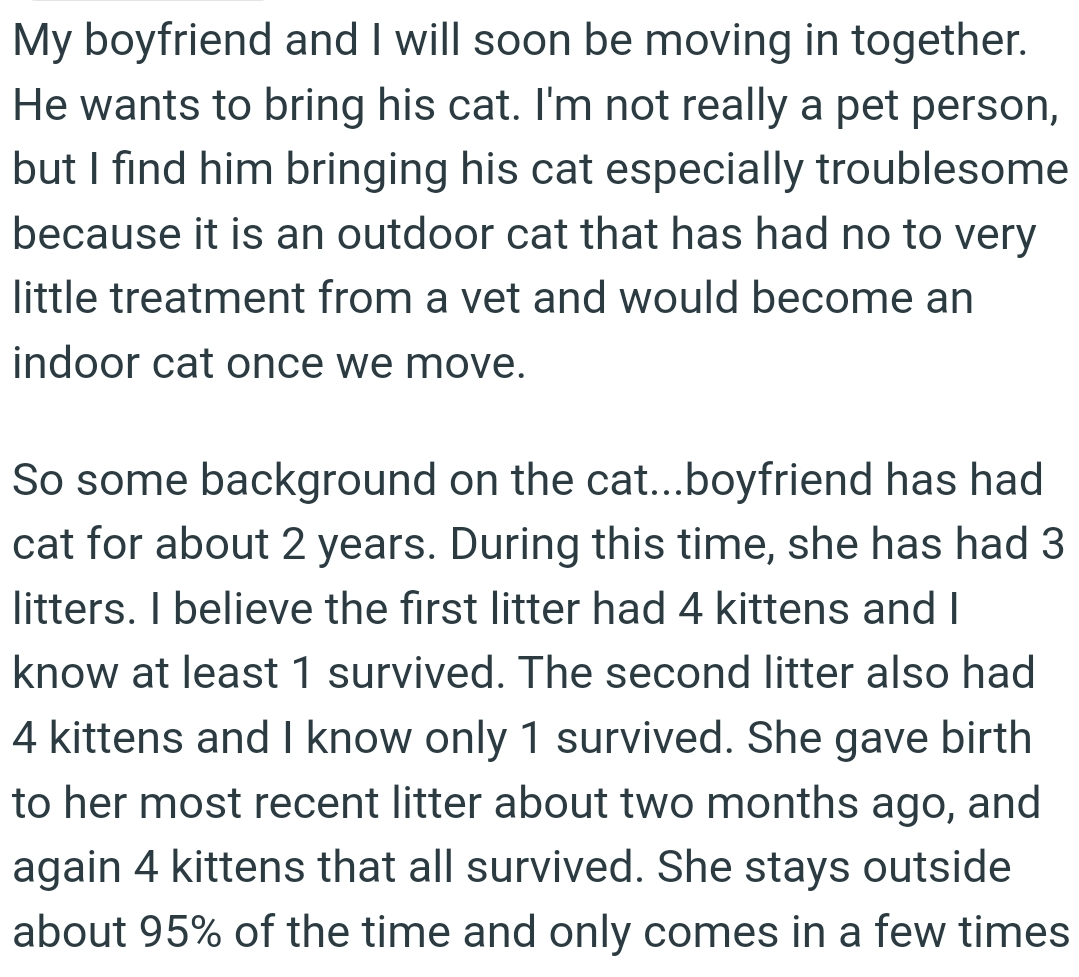 The cat is an outdoor animal that has received little to no treatment from a vet