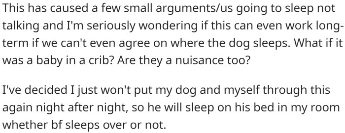 This issue has caused some arguments, and OP is unsure if their relationship can work long-term if they cannot agree on where the dog sleeps.