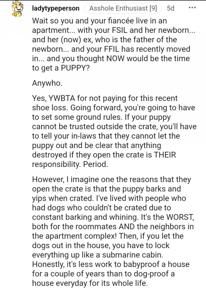 14. The OP should pay for the recent shoe loss