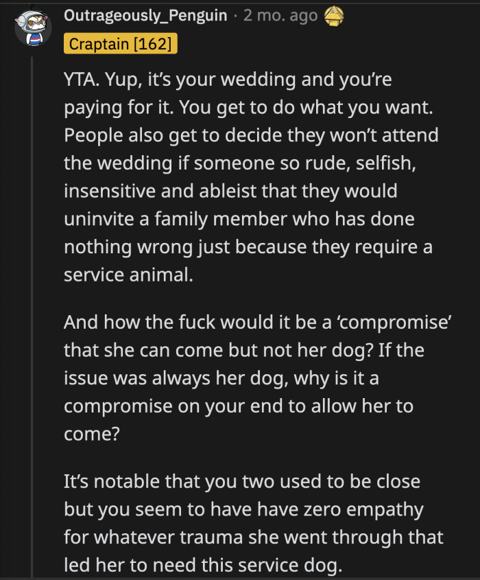 That petty invite was just OP's attempt to save face and assuage any guilt she might have felt over the discriminatory wedding invitation.