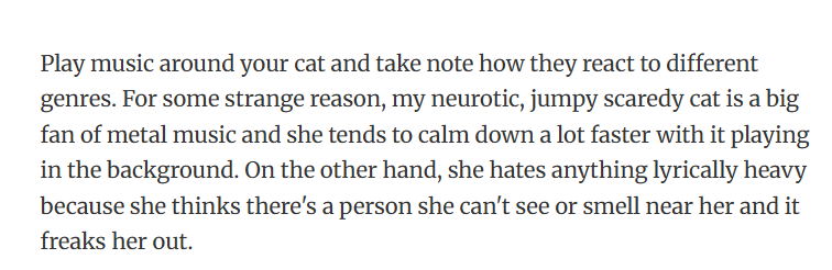 46. Soothing the soul with screamo—who knew metal was feline therapy.