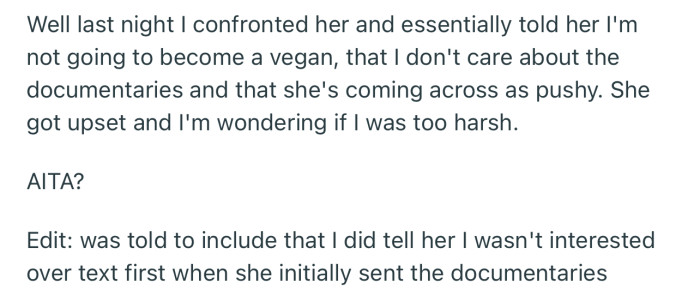OP confronted his roommate and made it clear that he’s not interested in being vegan