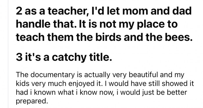 The kids actually enjoyed the documentary Op made them watch.