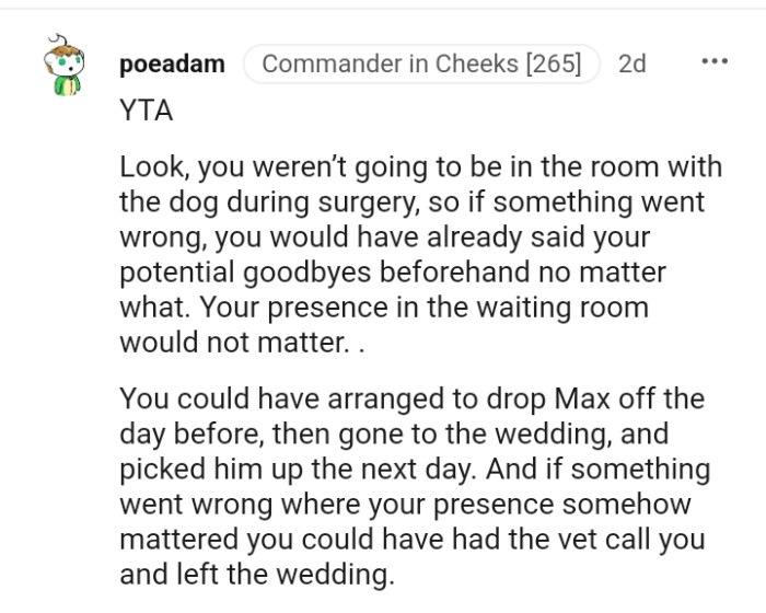 The OP wasn't going to be in the room with the dog during surgery