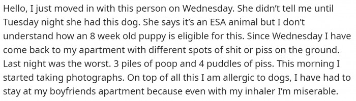 She moved in with a roommate who failed to inform her of her ESA