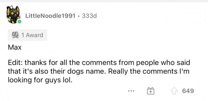 Max is another dog name that is by far the most common, whether it's just Max or Maximillian.