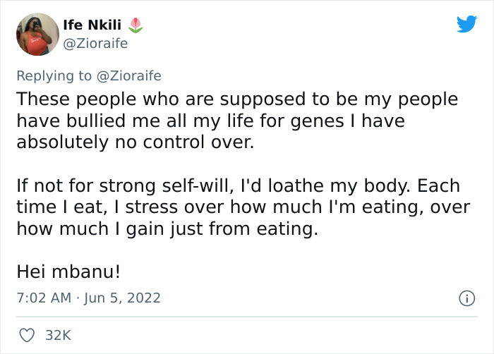 Ife actually doesn't loathe her body, and she is strong-willed enough not to let these comments pull her down. But she does stress over her food intake.