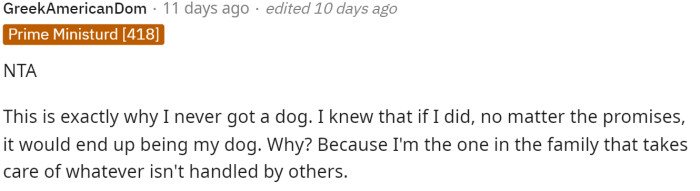 This comment starts off with an NTA vote and then explains that this is why they also never got a dog.