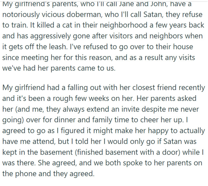 OP says that his girlfriend's parents have a vicious dog