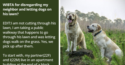 Redditor Wonders If He's In The Wrong For Continuing To Walk His Dogs On A Lawn Near His Building Despite Neighbor's Hostility